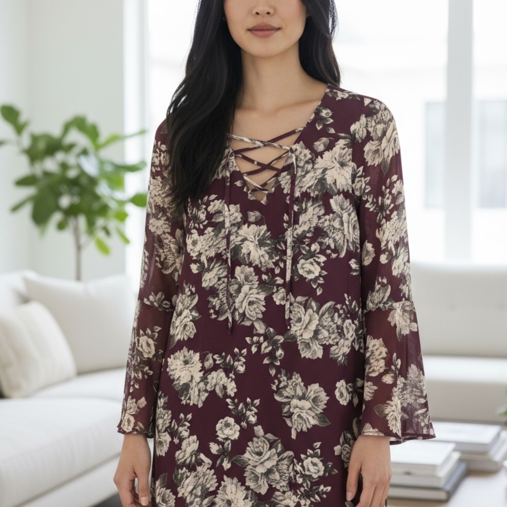 Speechless Burgundy and Cream Criss Cross Front Dress and flare sleeve.